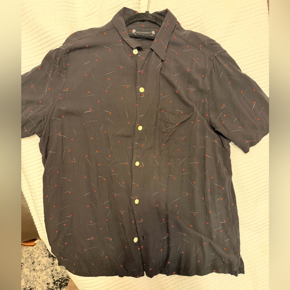 All Saints Charcoal Button-Up Shirt with Red Hearts